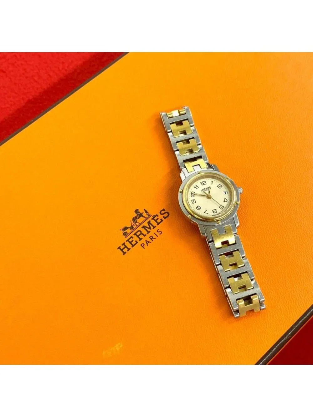 Hermes Clipper Stainless Steel Quartz Watch Wristwatch Silver Gold